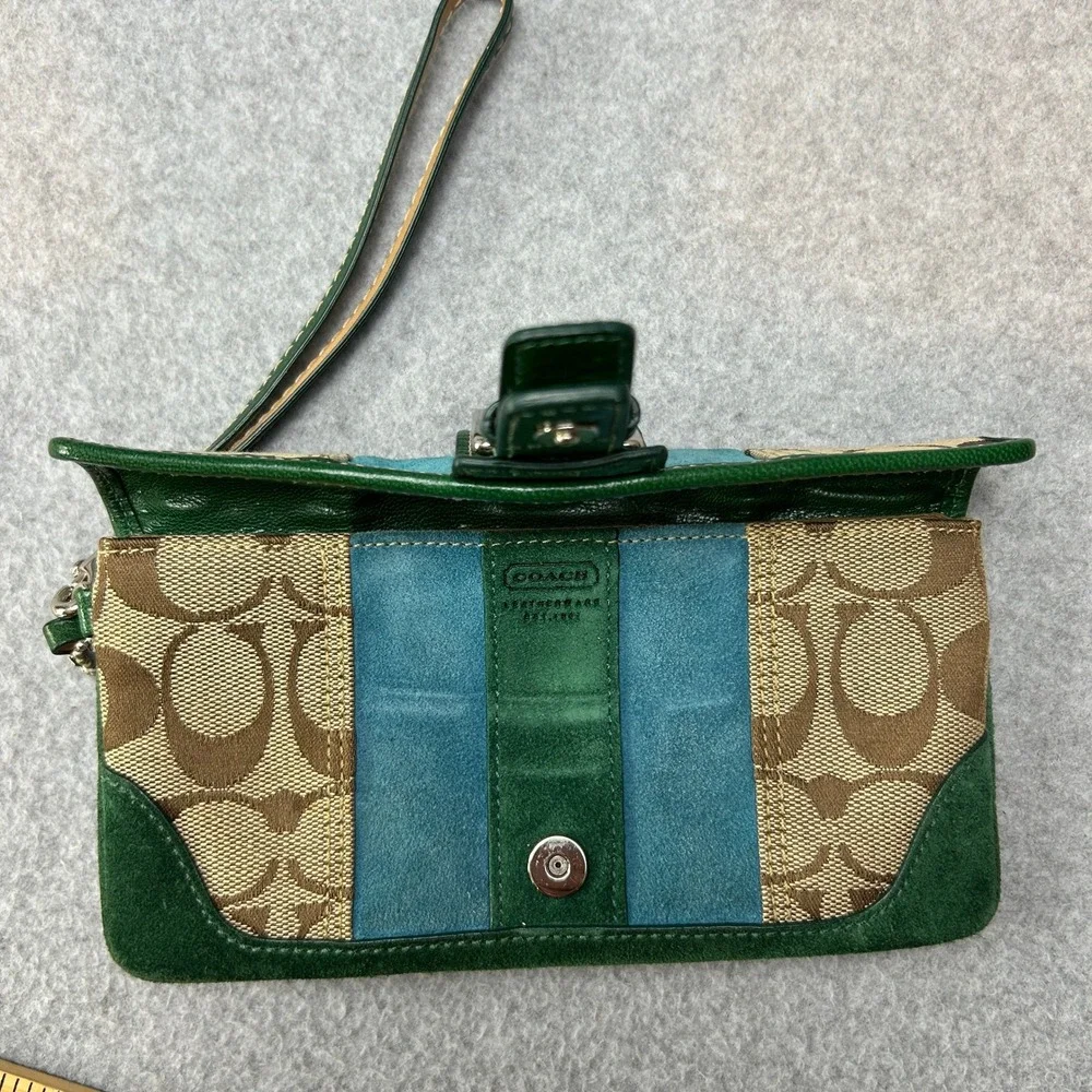 Coach Y2K Signature Patchwork Wristlet Green Teal Suede Canvas Buckle Wallet Bag